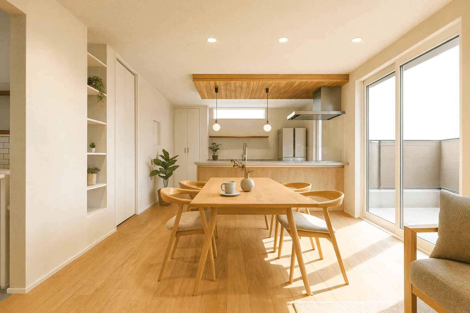 自然光が差し込む明るいLDKで、木の温もりを感じるダイニングテーブルとキッチンが一体となった開放的な空間は、家族の集まるマイホームの内装デザイン事例です。