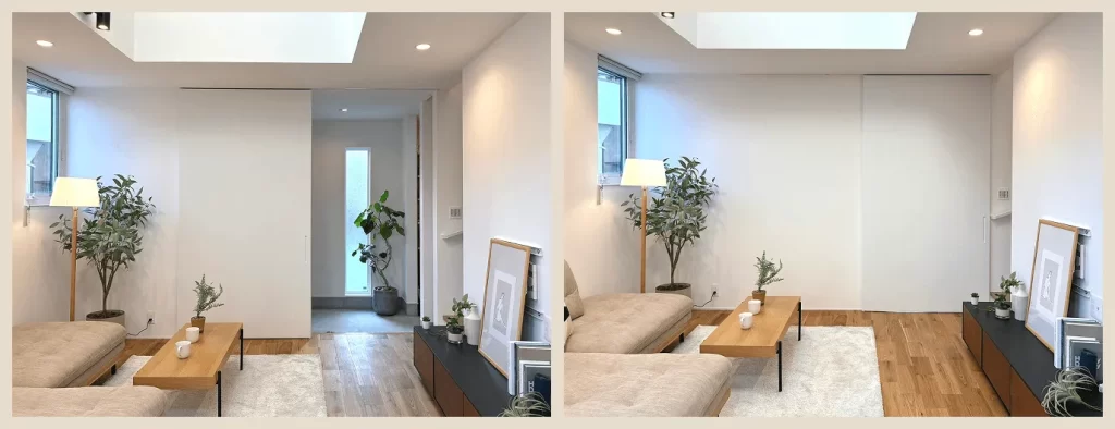 リビングと玄関ホールを仕切るハイドアの開閉による空間の変化を比較した写真で、白を基調とした壁面に観葉植物や北欧風の家具を配置し、注文住宅における動線設計とインテリアの調和を示した内装イメージ。