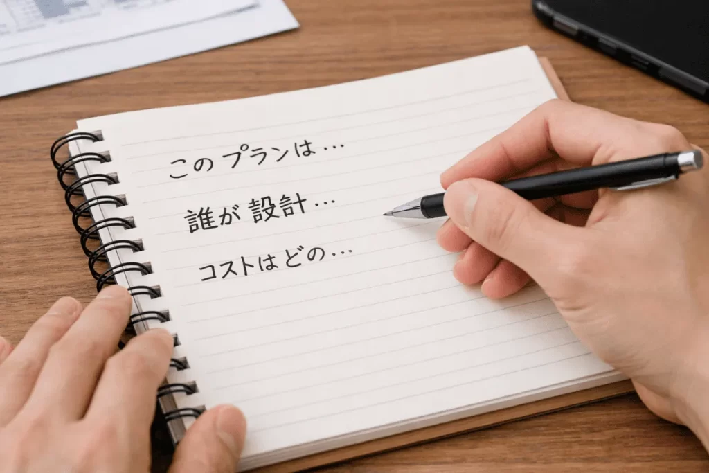 ノートに「このプランは…」「誰が設計…」「コストはどの…」と家づくりにおける不安や疑問点が書き込まれた、設計プランの検討段階を表現した手元の写真。
