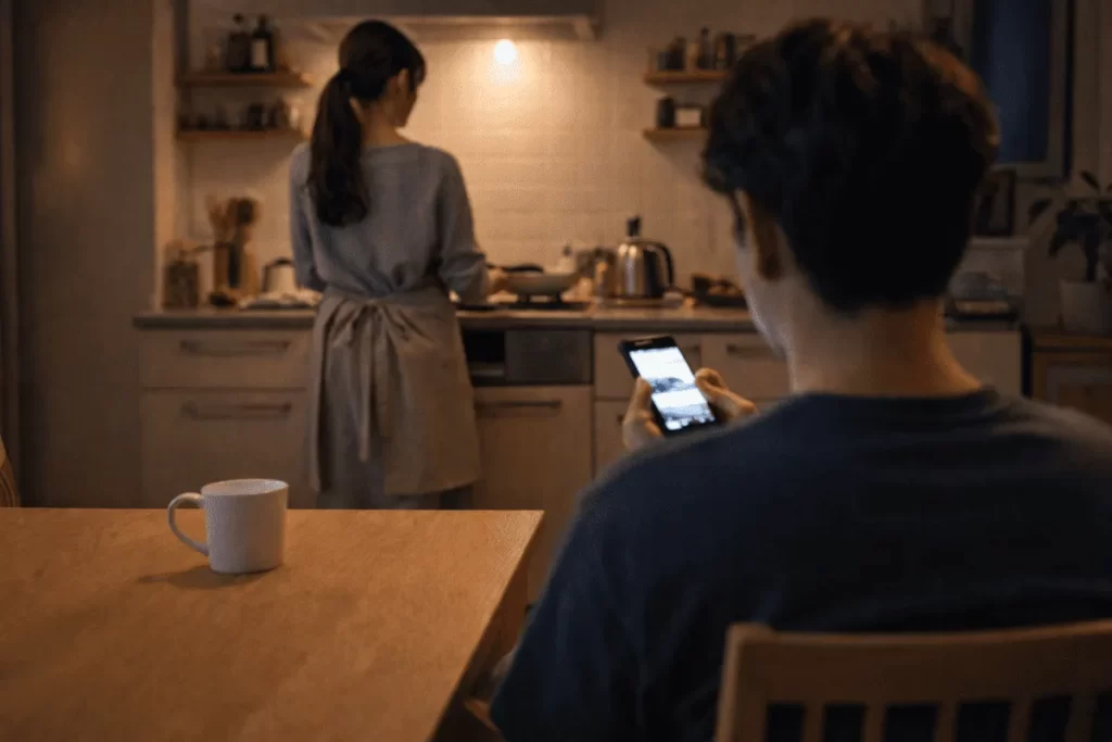 夜のキッチンで調理をする妻の背後で、ダイニングテーブルに座る夫がスマートフォンに夢中になっている様子。家づくりにおける夫婦のコミュニケーションや意見のズレをイメージした写真。