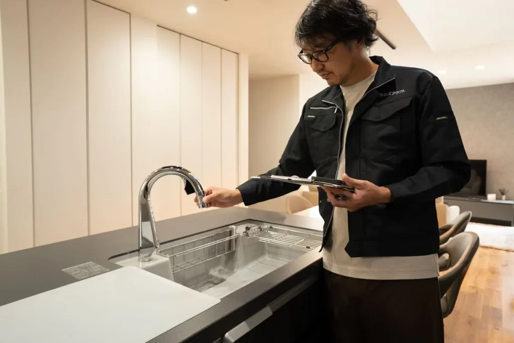 定期点検時に、スタッフがキッチンの水栓設備の動作確認と仕上がりを細かくチェックしている、株式会社シンズクラフトの品質検査の風景。