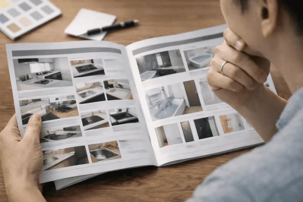 キッチンやバスルームなどの水回り設備が掲載されたカタログを真剣に読み込み、注文住宅の仕様やオプション選びを行っている施主の手元のアップ写真。