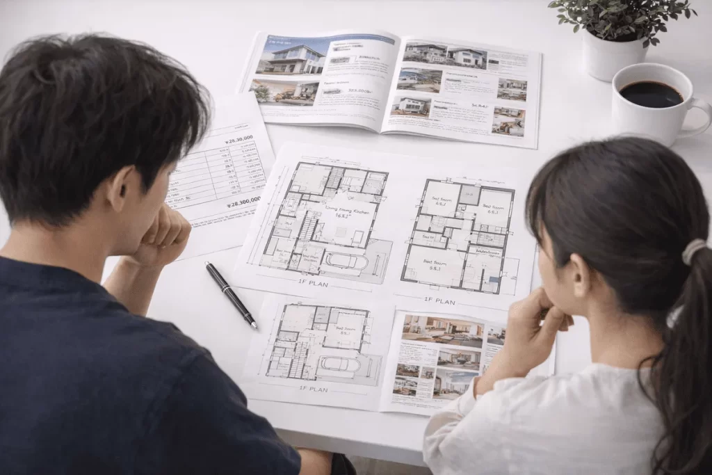 カタログや資金計画書を傍らに置き、リビングや寝室の配置が描かれた複数の間取り図を真剣な表情で見比べながら家づくりの計画を練っている夫婦の俯瞰写真。
