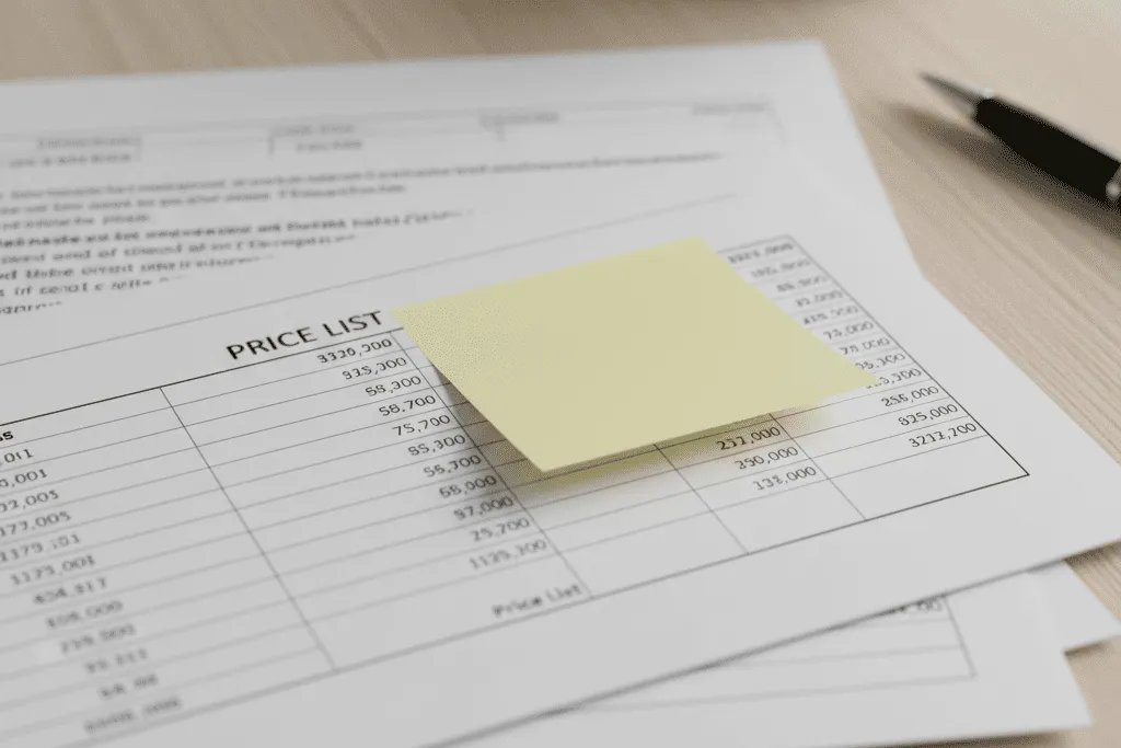 「PRICE LIST」と書かれた見積書や資金計画の書類に黄色い付箋が貼られ、注文住宅の予算検討やコスト調整を慎重に行っている様子をイメージした写真。