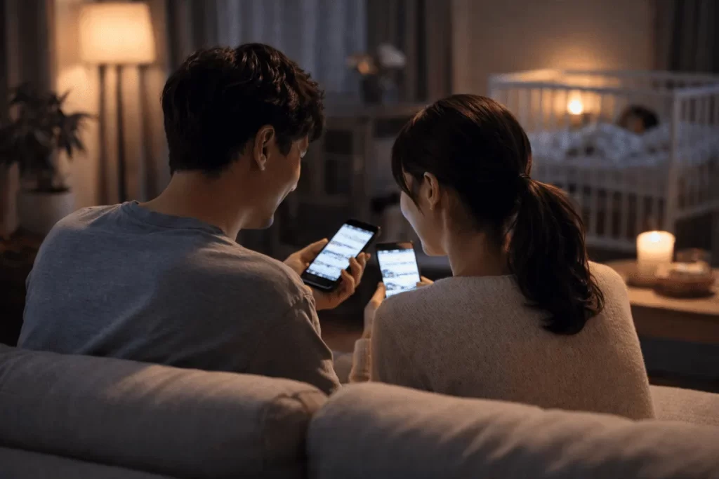 夜の落ち着いた照明のリビングで、夫婦がそれぞれスマートフォンを操作しながら家づくりの情報収集をしている様子を背後から写したイメージ写真。