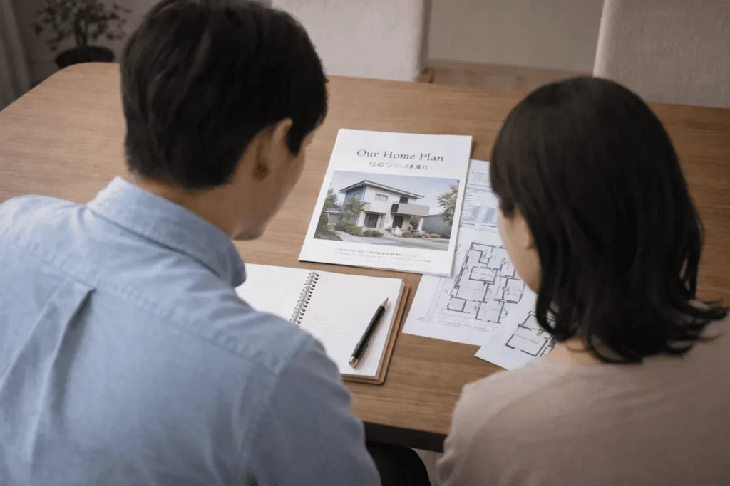 テーブルに広げられた住宅の間取り図とプラン集を前に、顎に手を当てながら理想の住まいの構成について真剣に検討している夫婦の背後からのカット。