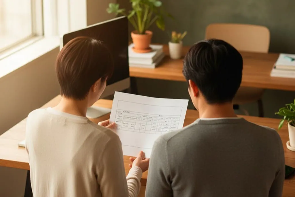 1. 打ち合わせ風景(①.webp) ALTテキスト(社名オプション:株式会社シンズクラフト): 木のぬくもりを感じるオフィスで、スタッフと施主が図面資料を手に取りながら理想の家づくりについて相談している、株式会社シンズクラフトの打ち合わせ風景。