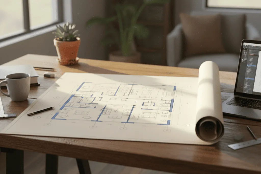 柔らかな光が差し込むデスクの上に広げられた住宅の間取り図と、ノートパソコンやコーヒーカップが置かれた、注文住宅の設計プランを練るクリエイティブな空間のイメージ写真。