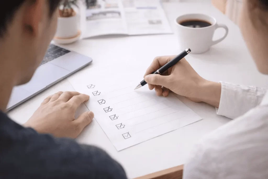 ノートパソコンやコーヒーが置かれたデスクで、家づくりの要望や確認事項が記されたチェックリストにペンで印を付けていく、計画準備の様子を写した手元の写真。