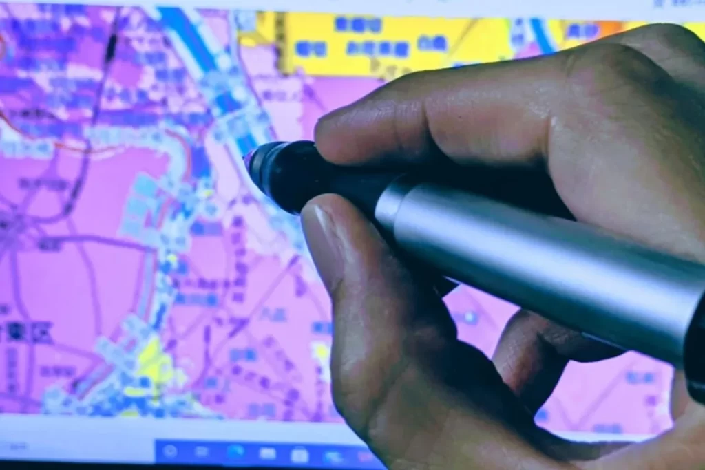 デジタルデバイスに表示された、浸水リスクが色分けされた自治体発行のハザードマップをペンで指し示している手元。