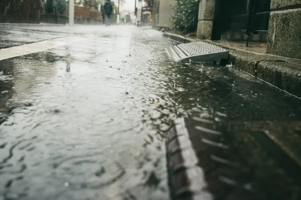激しい雨で路面が冠水し、側溝から水が溢れそうになっている住宅街の道路の様子。