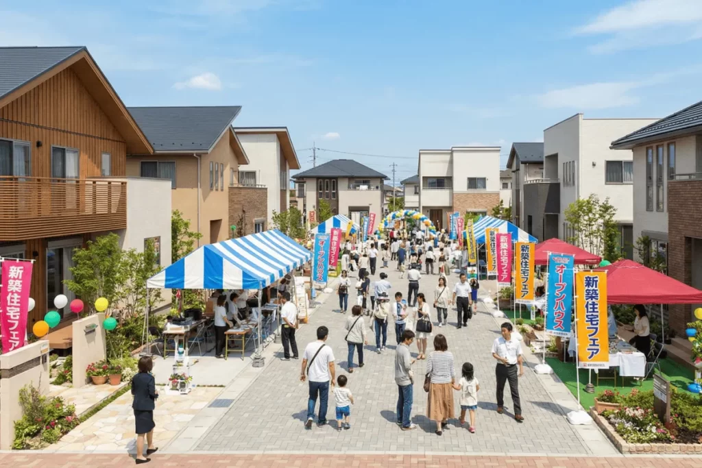 多くの来場者で賑わう住宅展示場の街並みと、新築住宅フェアののぼりが並ぶ風景。
