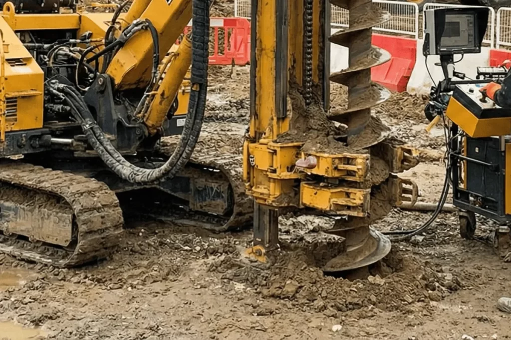 建築現場で地面を掘り進める大きな重機のドリル部分と地盤調査の様子。