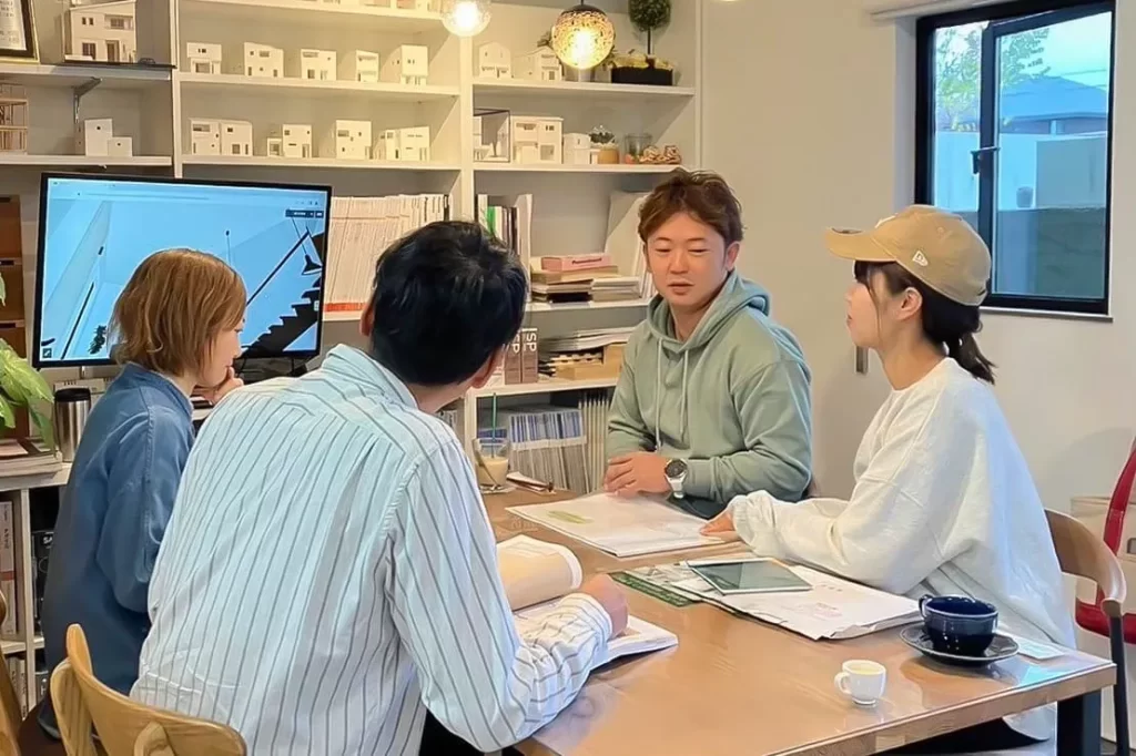 ショールームにて、モニターを見ながら設計担当者と真剣な表情で打ち合わせを行う若い夫婦。