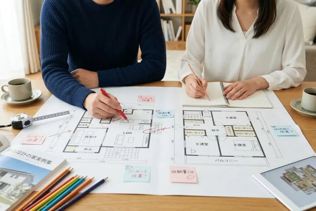 テーブルに広げられた住宅の間取り図と、付箋で「コンセント位置？」などの確認事項を書き込む施主の手元。
