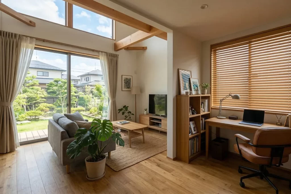 デスクとPCが置かれた書斎の窓辺。ウッドブラインドから差し込む光が作業スペースを照らしている。