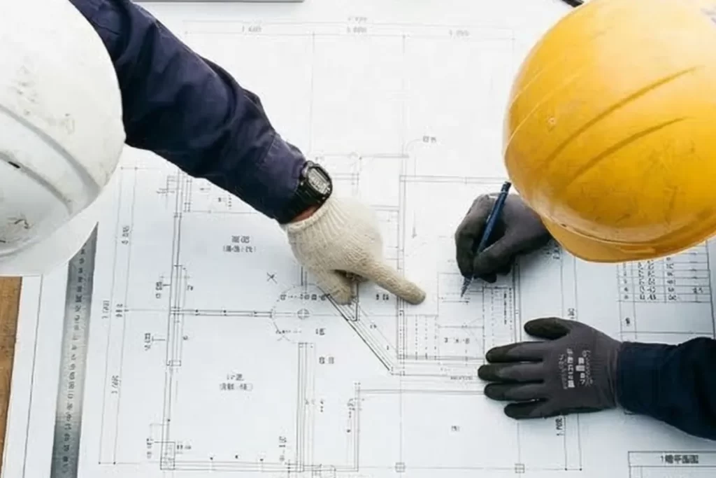 ヘルメットを着用した技術者が、図面を指し示しながら細部をチェックしている施工現場の様子。