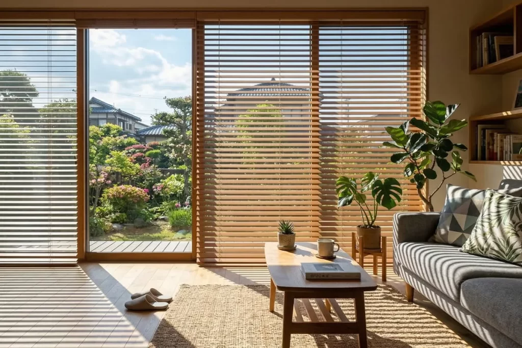 ハニカム構造(六角形のセル)が特徴的なハニカムブラインド。窓枠内にスッキリと収まり、フラットな印象を与えている。